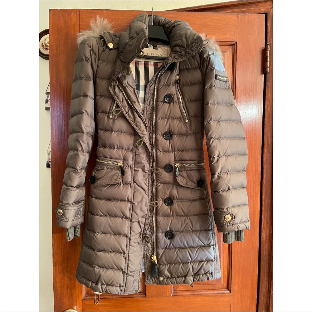 Burberry Brit Green Belted Puffer with Fur Trim Coat